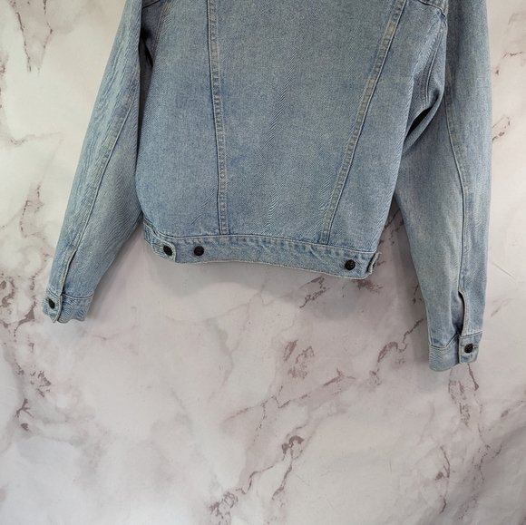 Vintage Denim Jacket Women Large Jean 80s 90s Y2K Linen Collar Light Wash Crop - Picture 7 of 14